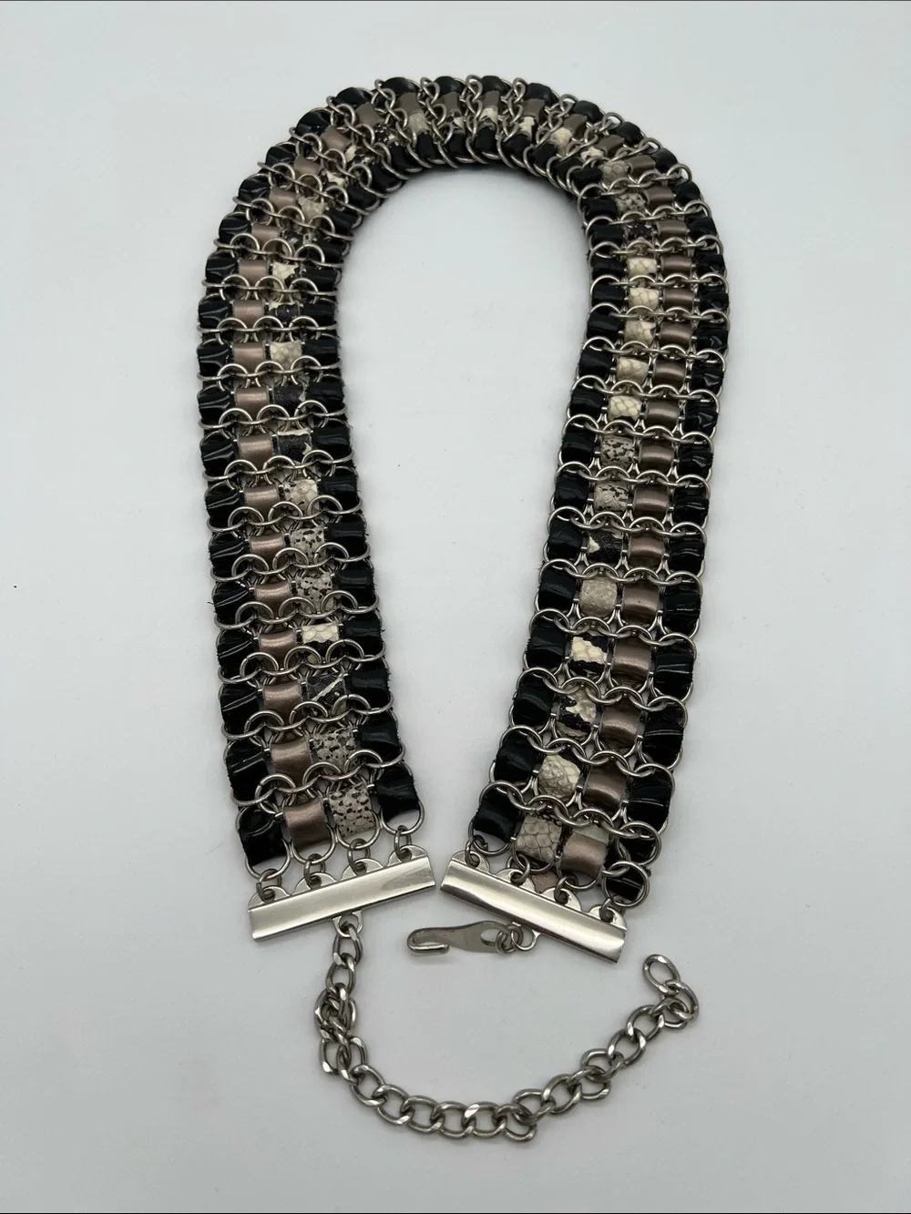 Boho Multi-Strand Chain+Genuine Leather Wide Belt Silver/Black/Snake - Size M/L